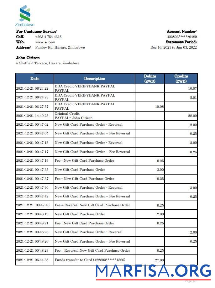 Blank Zimbabwe Standard Chartered bank statement excel real example
